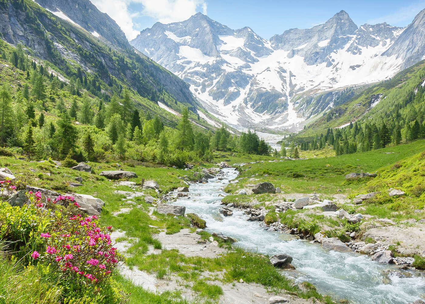 Naturszene, wilder Bach im Zillertal mit Berglandschaft im Hintergrund